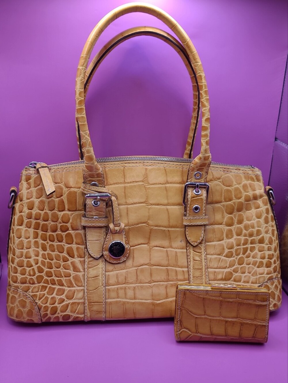 Vintage Dooney‎ & Bourke Yellow Embossed Crocodile Handbag And Coin Purse Nile